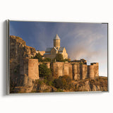 Framed canvas featuring a vintage landscape art painting of Georgia, Asia with a colorful palette and black border.
