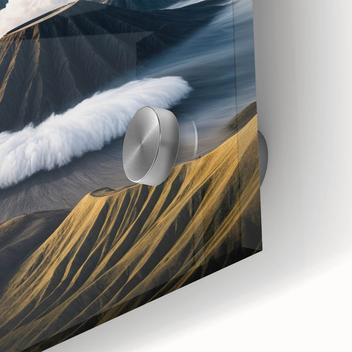 Large abstract wall art depicting a lush Indonesian landscape in vibrant green and blue tones on acrylic glass.
