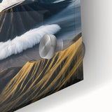 Large abstract wall art depicting a lush Indonesian landscape in vibrant green and blue tones on acrylic glass.