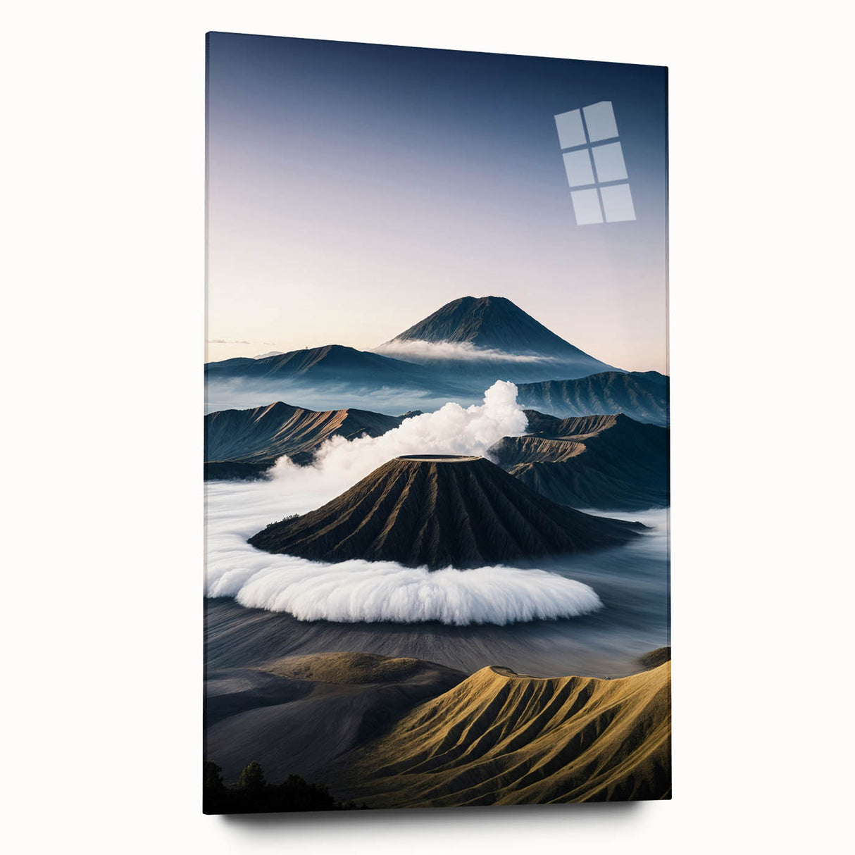 Large abstract wall art of an Indonesian landscape in muted earth tones on acrylic glass.