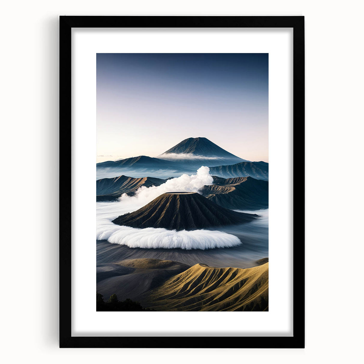 Extra large abstract art print featuring a textured, colorful depiction of an Indonesian landscape on a framed canvas.