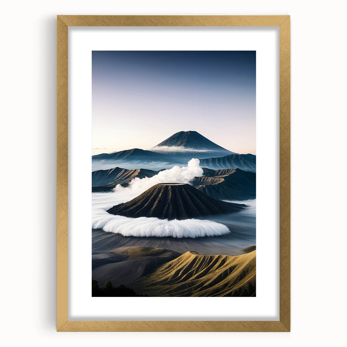 Extra large abstract art print of Indonesian scenery in textured gold frame, ideal for living room ambiance.