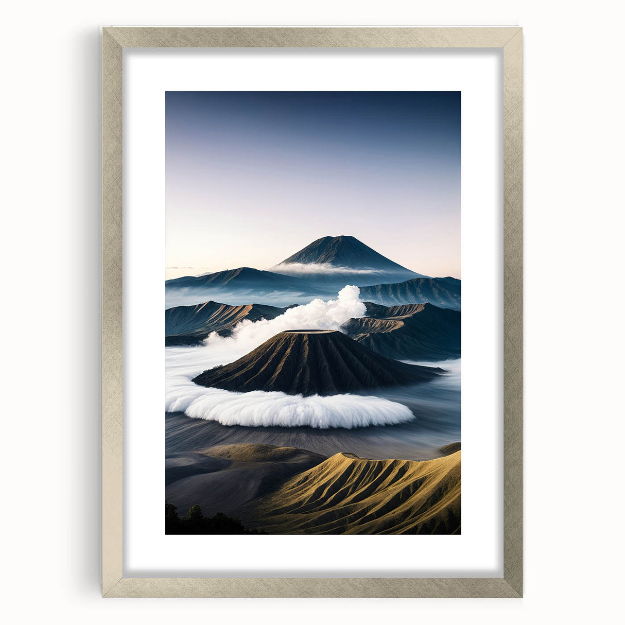 Textured abstract art print depicting a muted color landscape, framed in silver, ideal for bedroom ambiance.