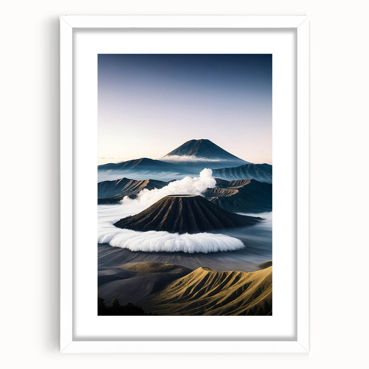 Abstract art print of a serene Indonesian landscape in muted earth tones on a framed white canvas.