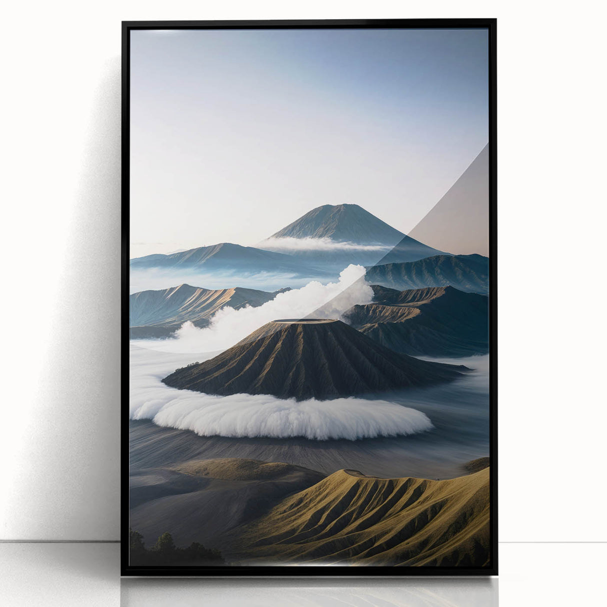 Large abstract wall art depicting an Asian landscape in muted earth tones on a framed acrylic.