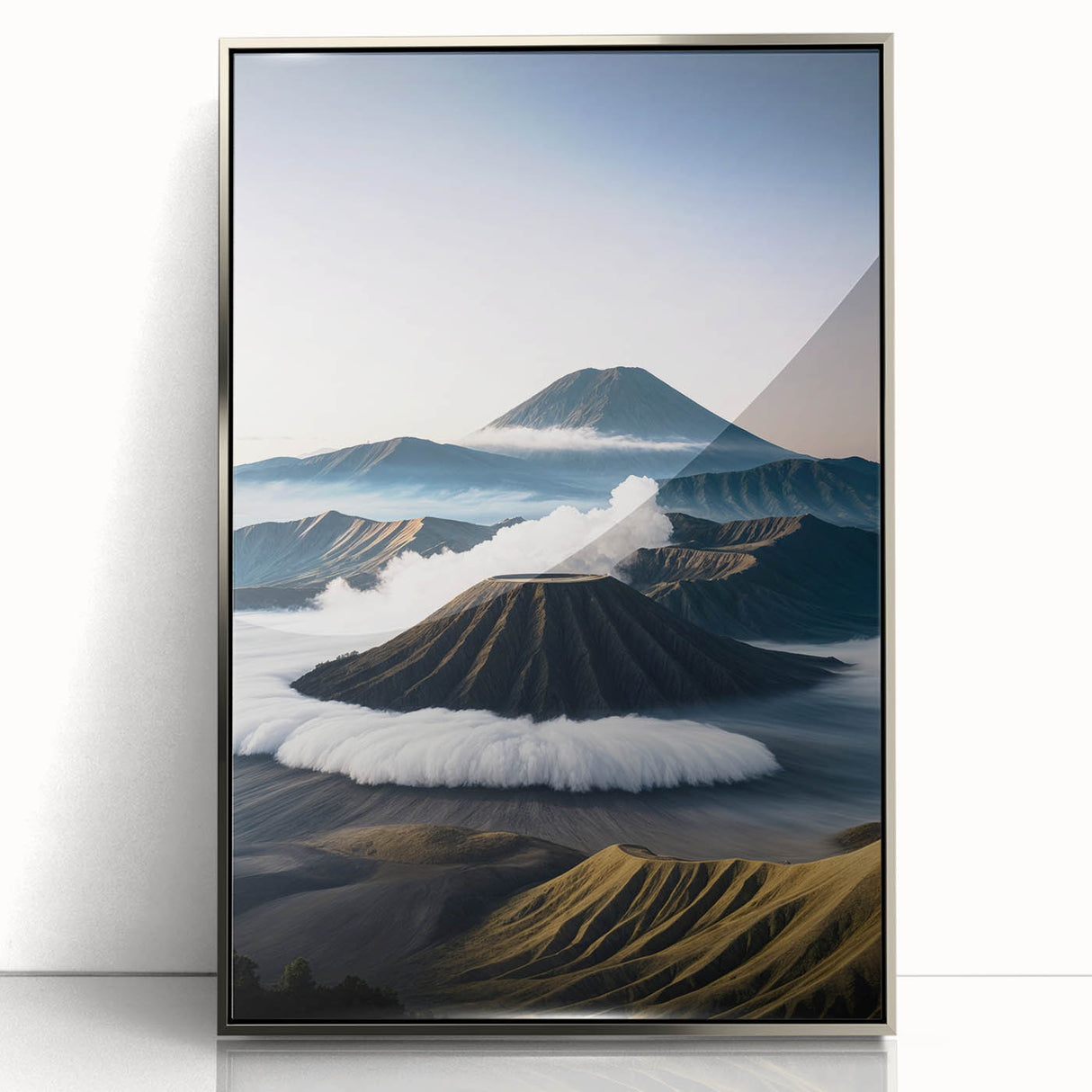 Mid-century modernist art depicting an Indonesian landscape in muted earth tones, framed in silver acrylic.