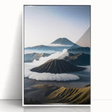 Art deco poster featuring a serene Indonesian landscape in muted green and blue tones on framed acrylic.