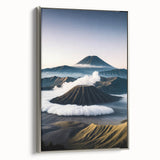 Framed canvas featuring a vintage-style landscape painting of an Indonesian scenery in colorful hues.