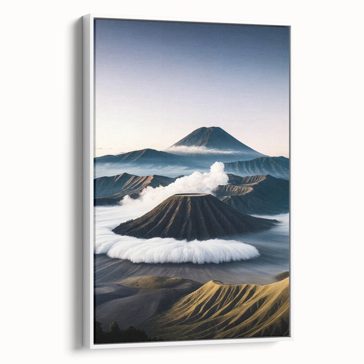Vintage poster art of an Indonesian landscape in vibrant colors on a large framed canvas, ideal for living room decor.