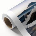 Art Deco poster of an Asian landscape in muted green and blue tones on rolled canvas, ideal for nursery wall art.