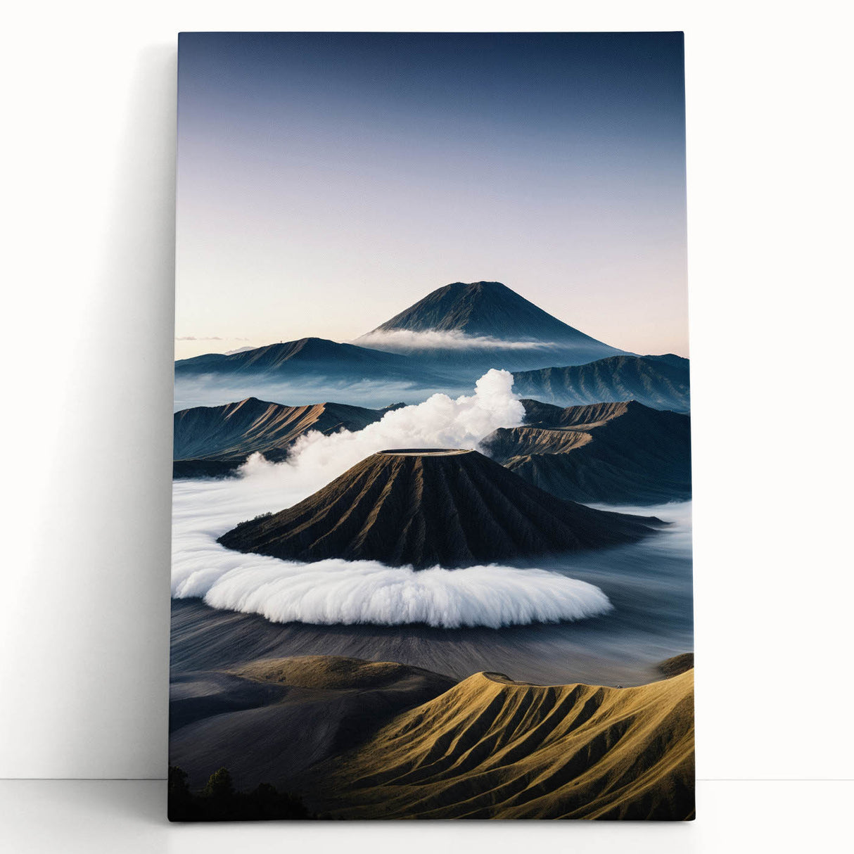 Black and white photograph of a serene Indonesian landscape on a large stretched canvas, ideal for kitchen wall art.
