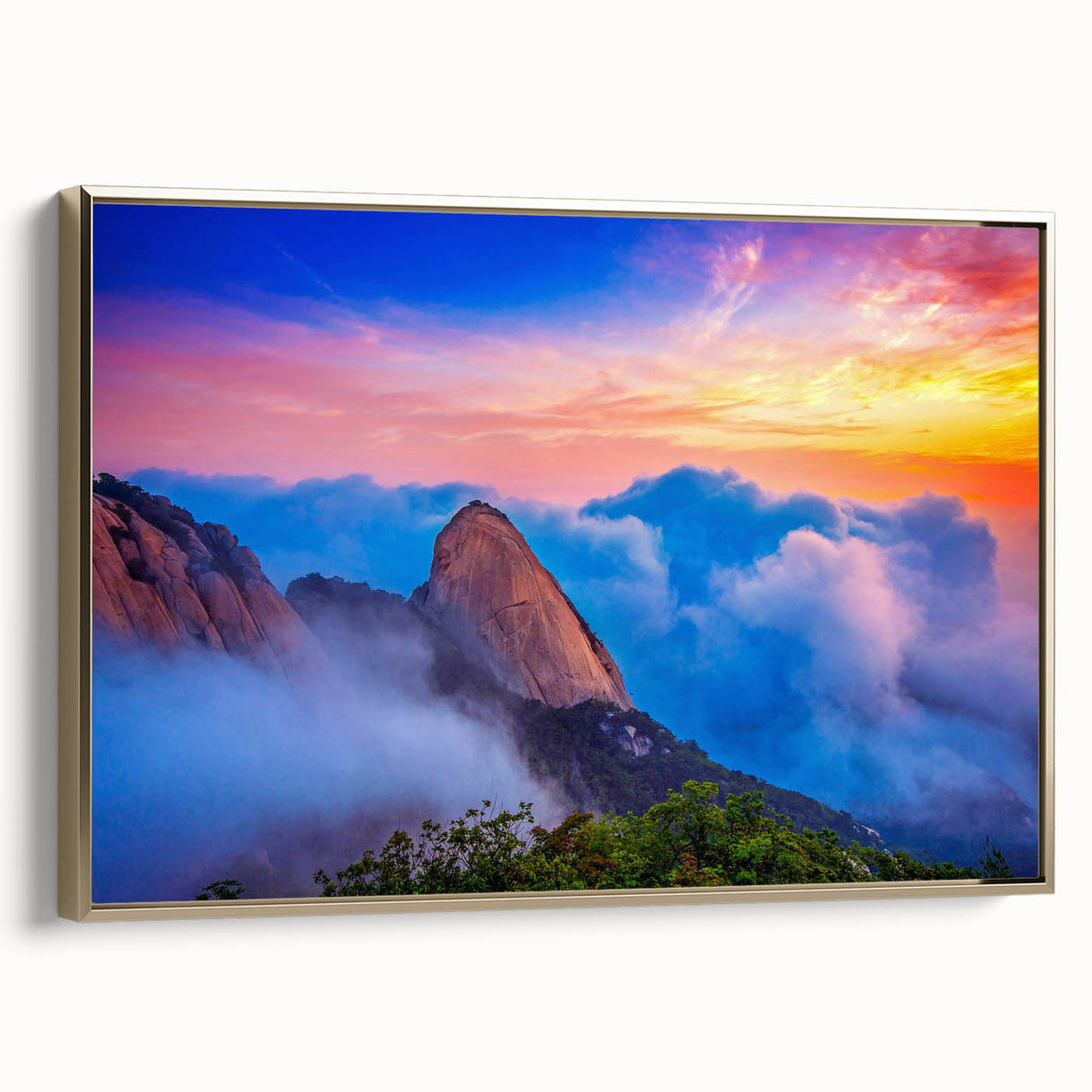 Framed canvas featuring a vintage-style Korean landscape in black and gold tones, ideal for bedroom wall decor.
