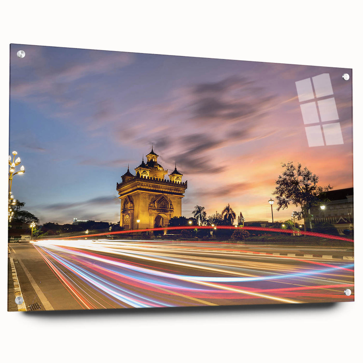 Large abstract wall art of an Asian landscape in muted earth tones on acrylic glass.