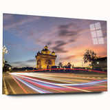 Large abstract wall art depicting a serene Laos landscape in muted earth tones on acrylic glass.