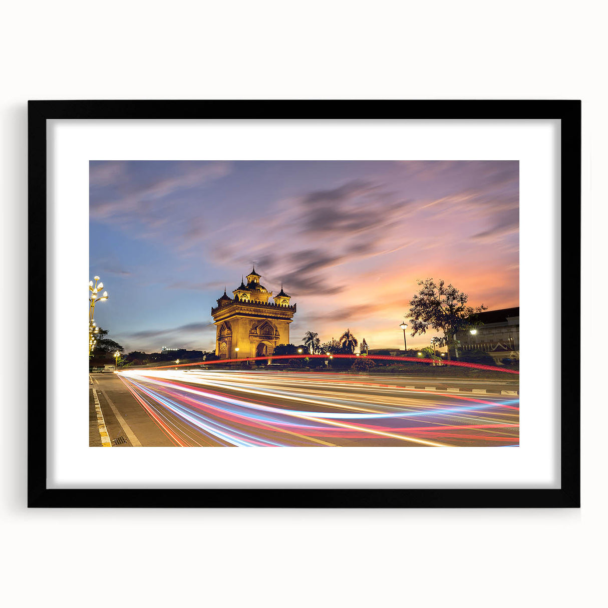 Extra large abstract art print featuring colorful, textured scenery of Laos on a black framed canvas.