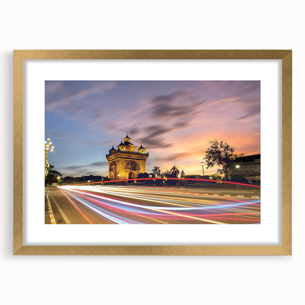 Extra large, abstract art print of a textured scenery depicting Laos, in gold frame, ideal for living room decor.