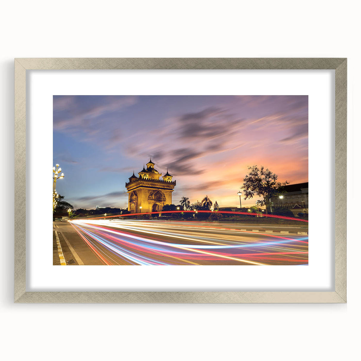 Textured abstract art print depicting a serene Laos landscape in muted earth tones, framed in silver, ideal for bedroom art.