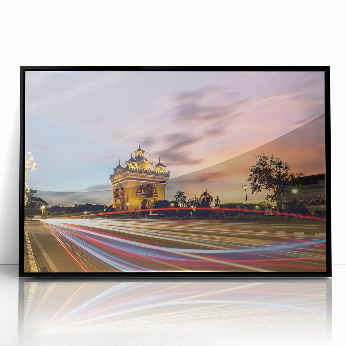 Large abstract wall art depicting a serene Laos scenery in muted earth tones, framed in black acrylic.