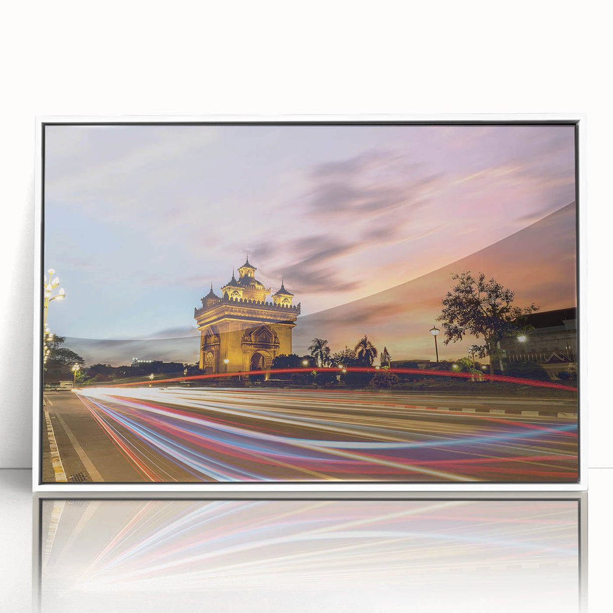 Art Deco poster of a Laos scenery in muted green and beige, acrylic print in a white frame.