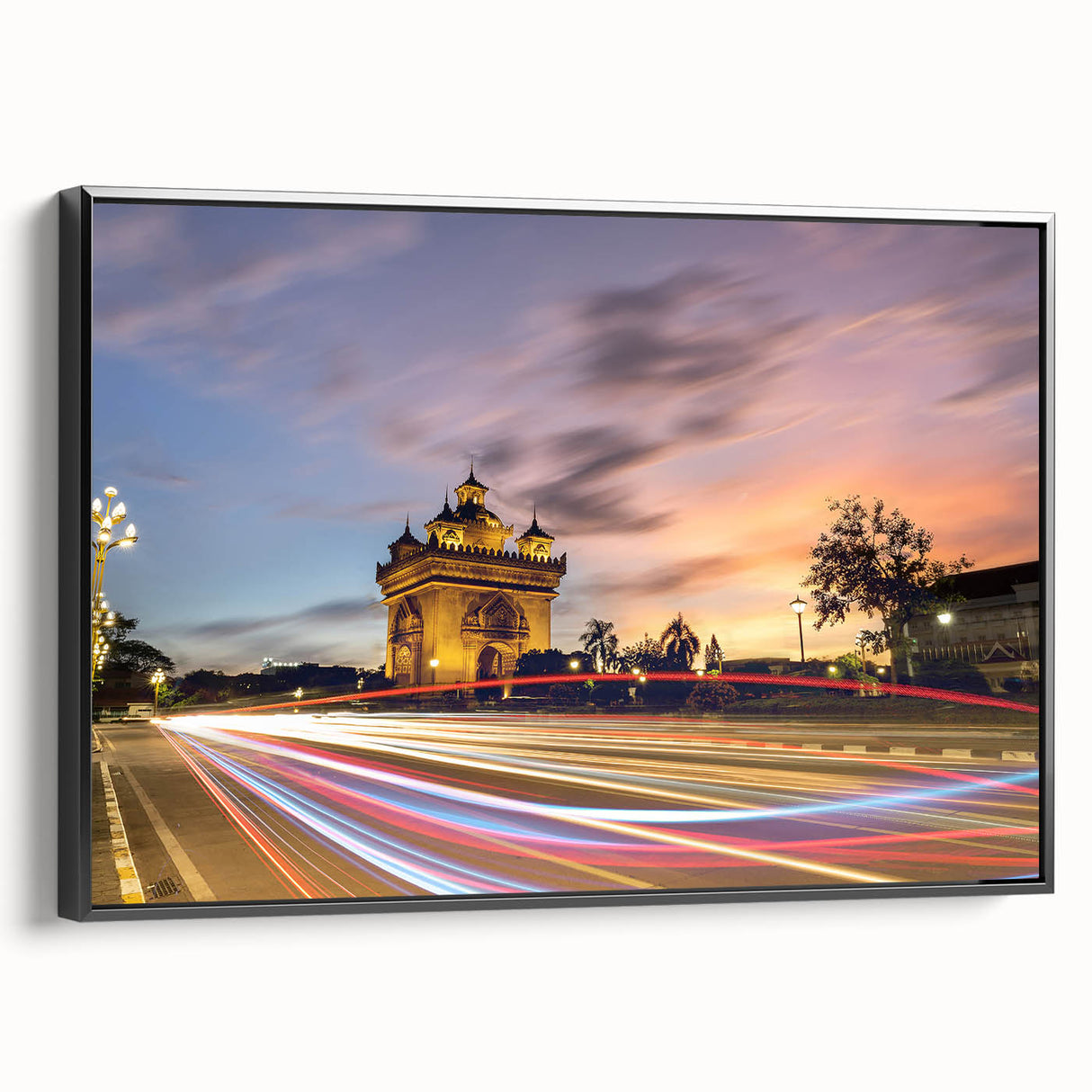 Black and white landscape art painting of a serene Laotian scene on framed canvas, suitable for bedroom decor.