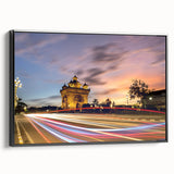 Black and white landscape art painting of a serene Laotian scene on framed canvas, suitable for bedroom decor.