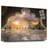 Large abstract wall art depicting a serene Malaysian landscape, in muted green and blue tones on acrylic glass.