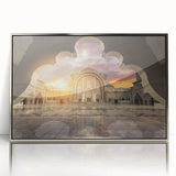 Mid-century modernist art depicting a Malaysian landscape in muted earth tones on a silver-framed acrylic print.