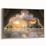 Framed canvas landscape art of a Malaysian scenery in muted gold and black tones, suitable for bedroom wall decor.