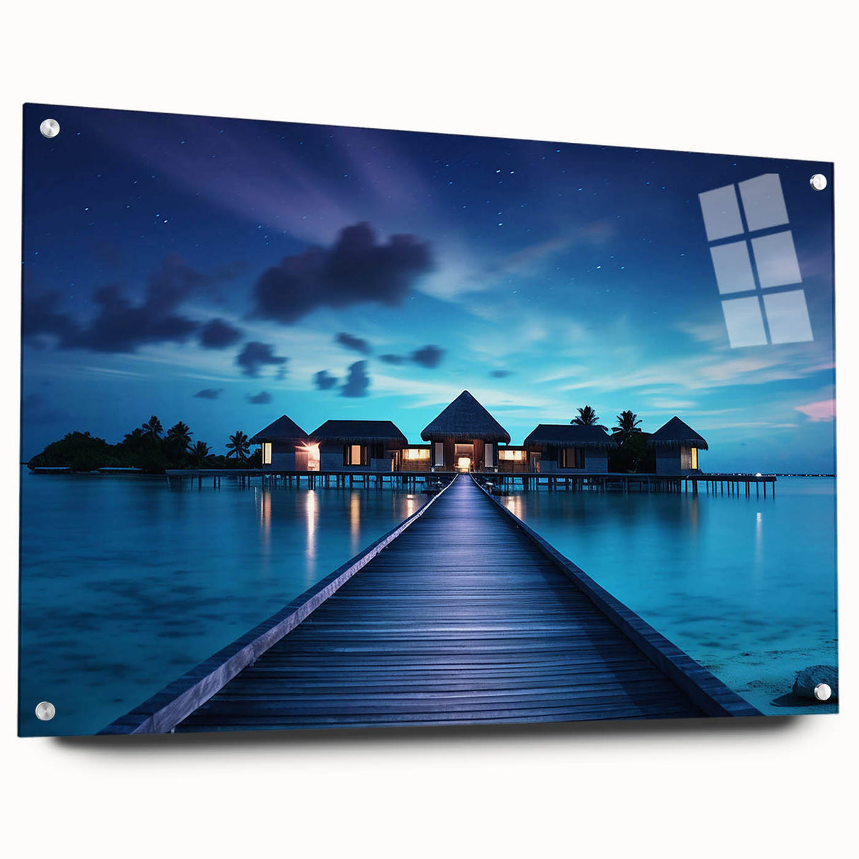 Large abstract wall art depicting a serene Maldivian seascape in cool blue and white tones, acrylic glass.