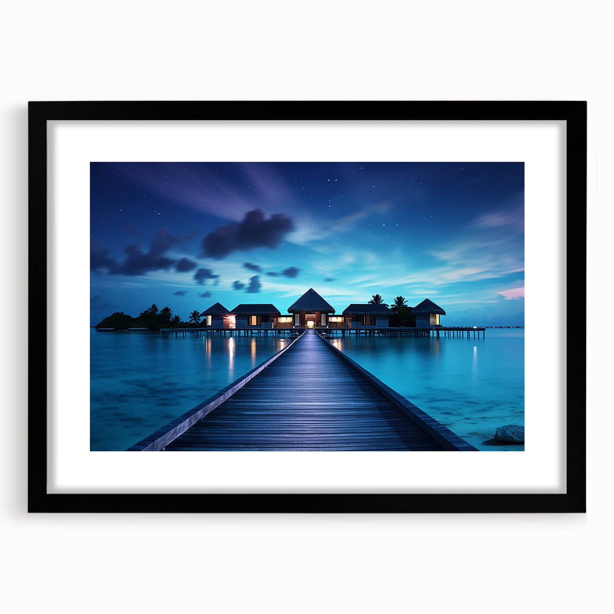 Extra large abstract art print depicting a colorful, textured Maldivian scenery on a framed black mat.