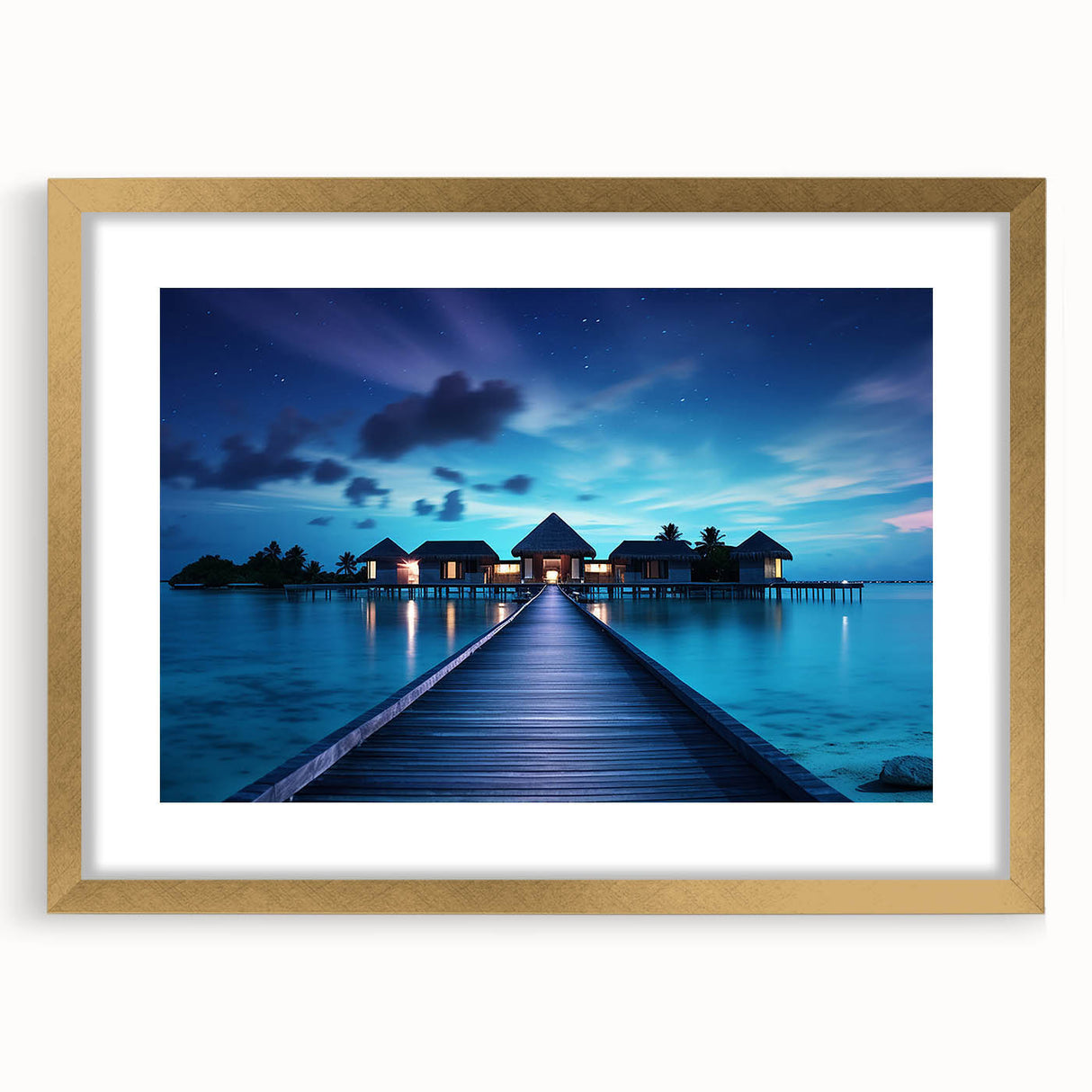 Extra large abstract art print of a serene Maldivian seascape in muted blue and green tones, framed in gold.