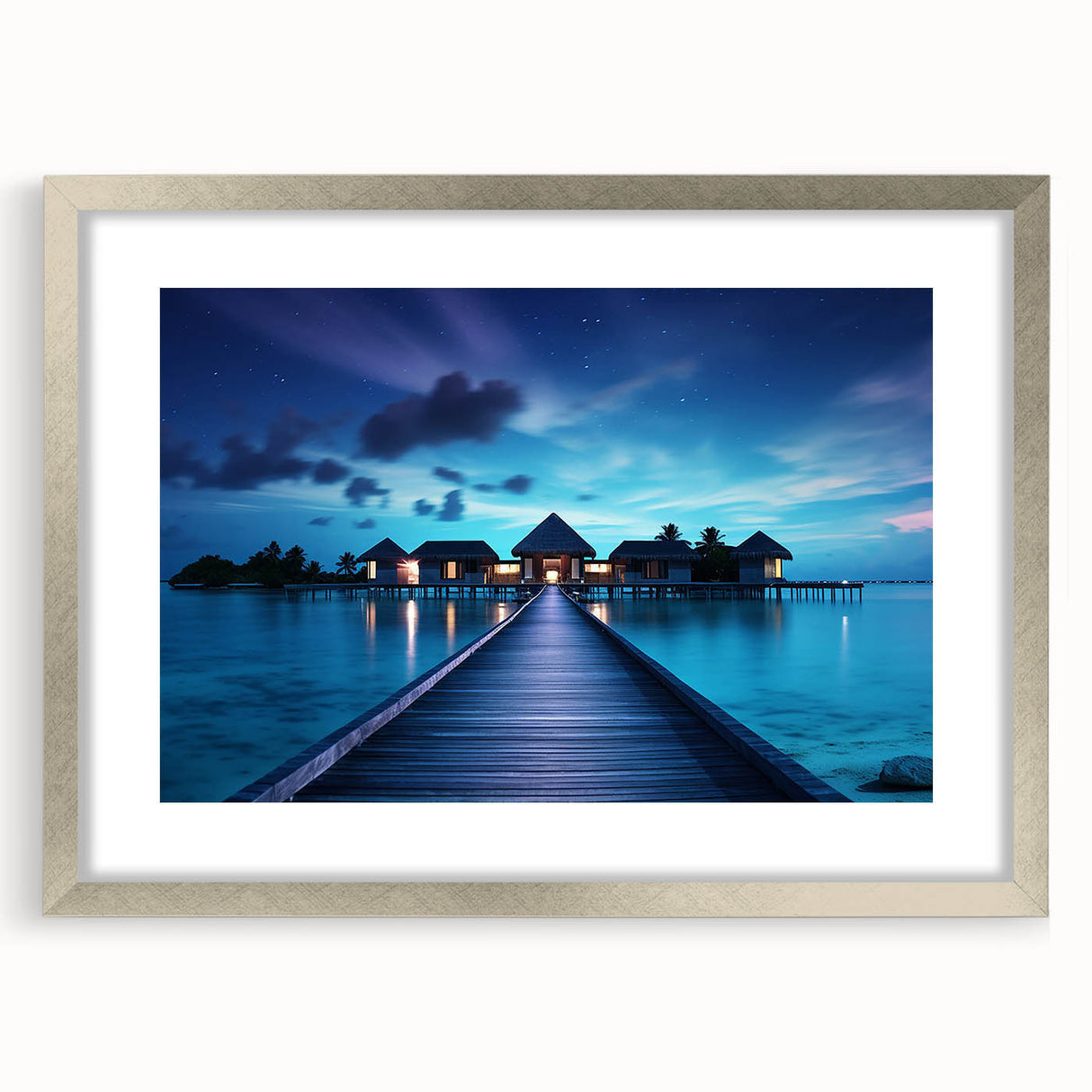Textured abstract art print depicting a serene Maldivian seascape in soft blue tones, framed in silver.