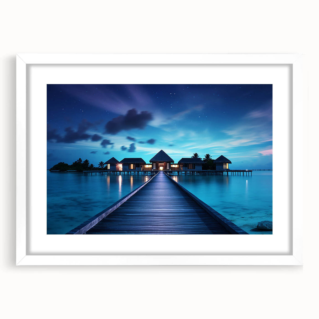 Abstract art print of a serene Maldivian landscape in soft blue and white tones, framed with a white mat.