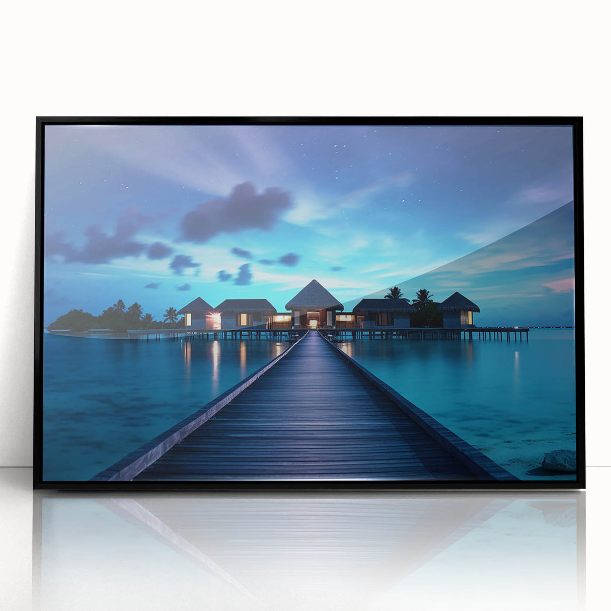 Large abstract wall art depicting a serene Maldivian landscape in muted blue and green tones, framed in black acrylic.
