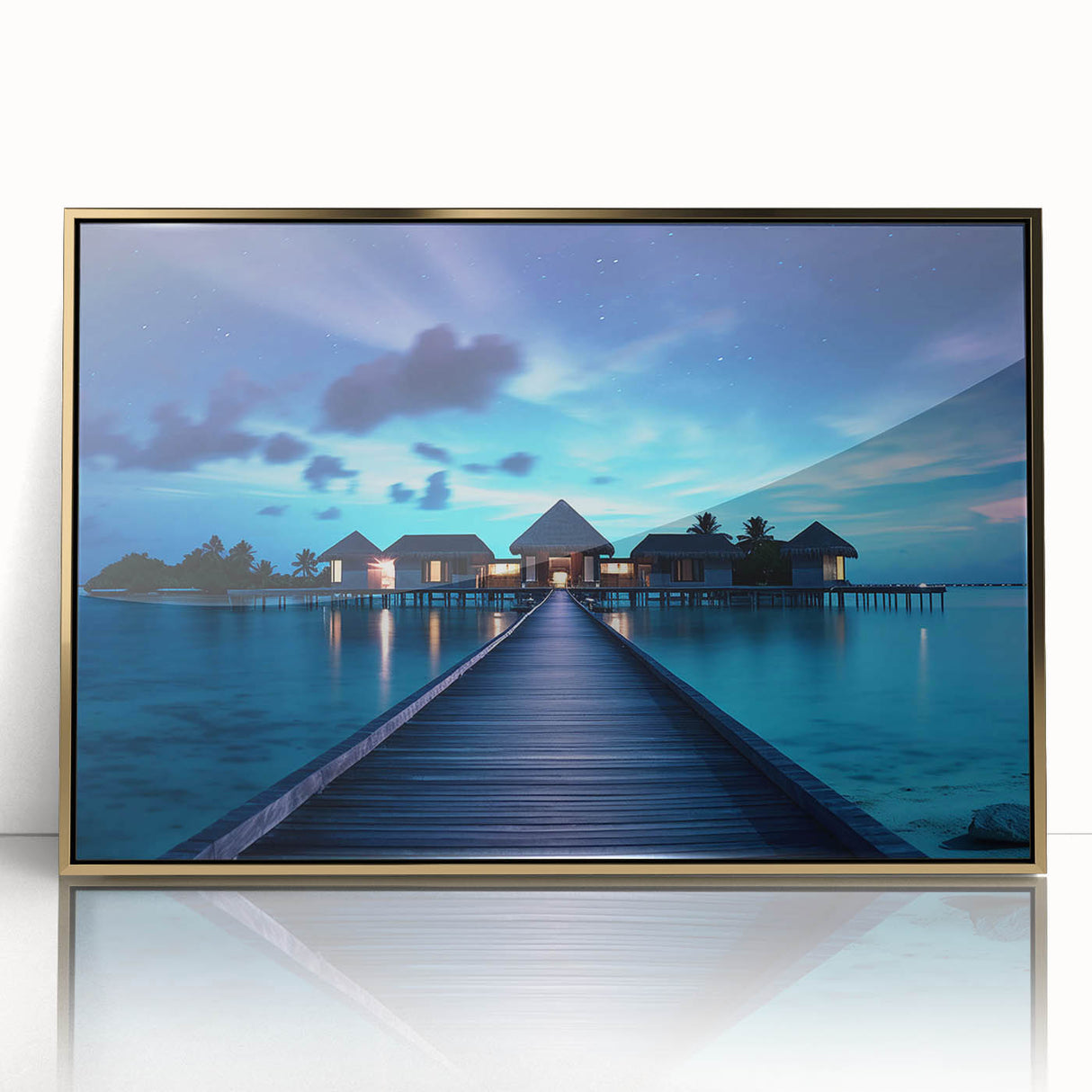Framed acrylic print of a serene Maldives beach scene in soft blue and white tones, ideal for modern art wall decor.