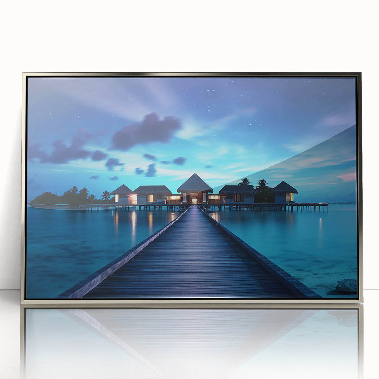 Acrylic print of a serene Maldives beach scene in muted blue and green hues, framed in silver.