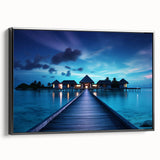 Black and white landscape art painting of the Maldives on framed canvas, ideal for bedroom wall decor.
