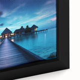 Extra large framed canvas featuring a textured, colorful Maldivian scenery on black background, ideal for living room decor.