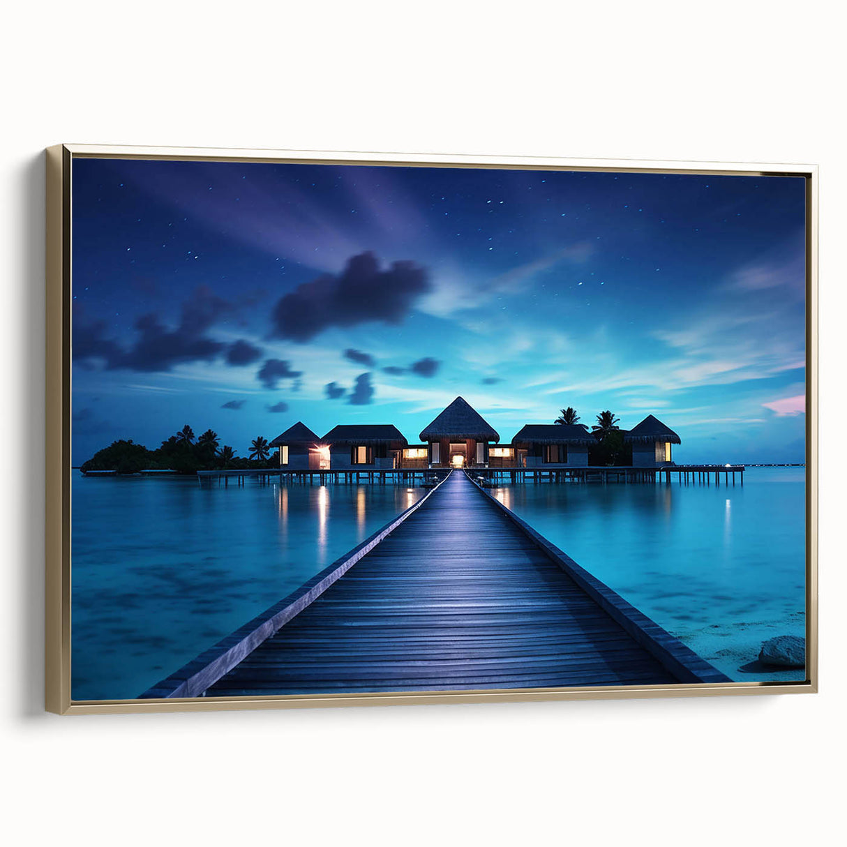 Framed canvas of a tranquil Maldives landscape in muted blue and green tones, ideal for bedroom wall art.