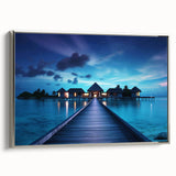 Framed canvas landscape art painting depicting the Maldives with vivid blue waters and sky.