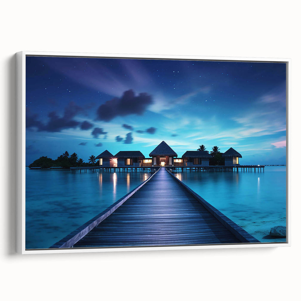 Vintage poster art of a Maldivian scenery on framed canvas, featuring vibrant blue and green tones.