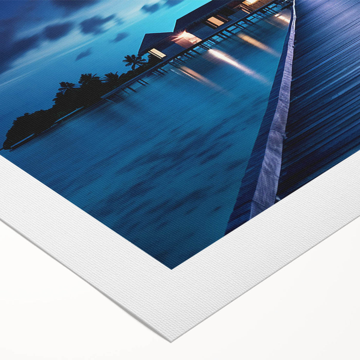 Art deco poster depicting a serene Maldivian beach in pastel blues and greens on rolled canvas.