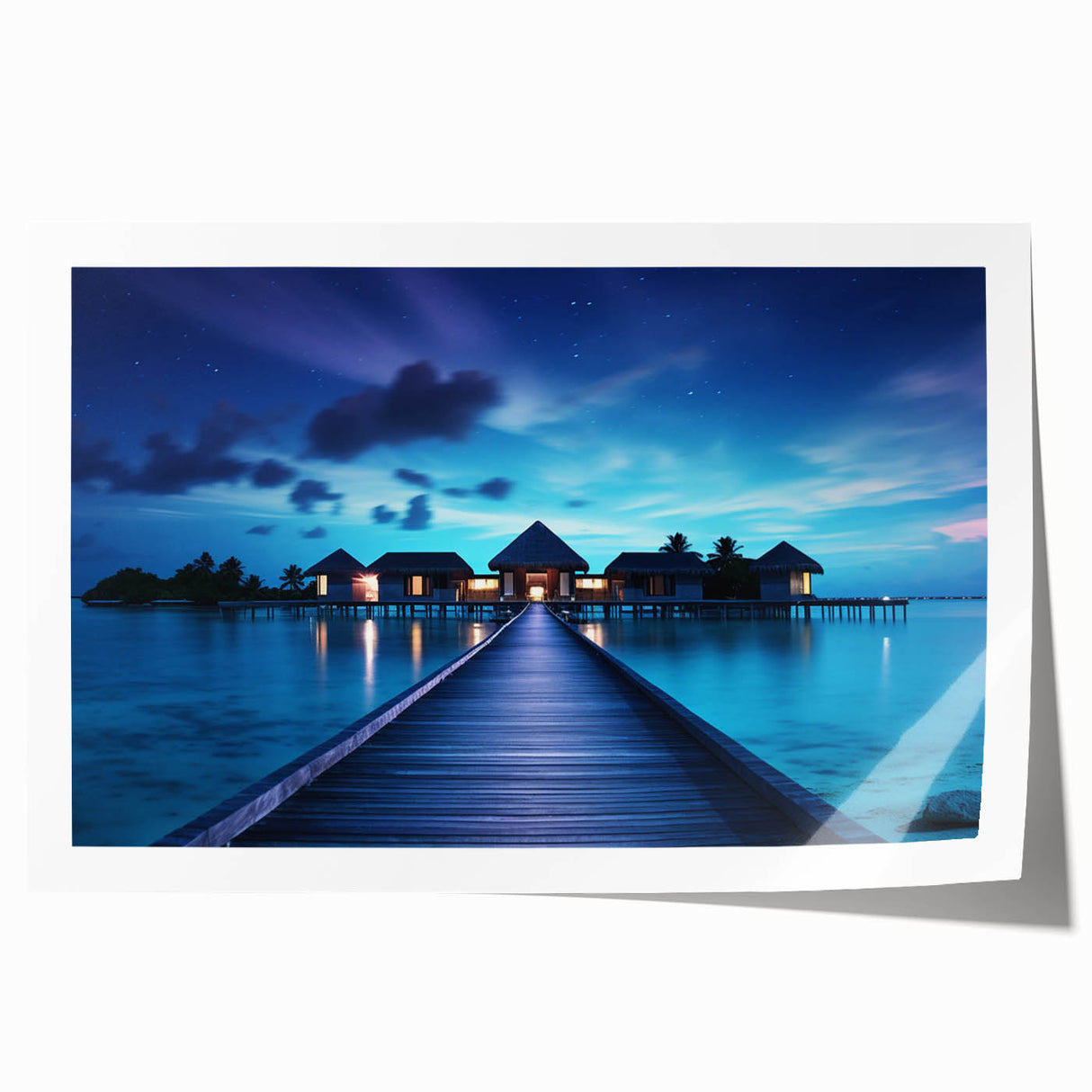Extra large wall art depicting a serene Maldivian beach scene in soft pastel shades on a rolled canvas.