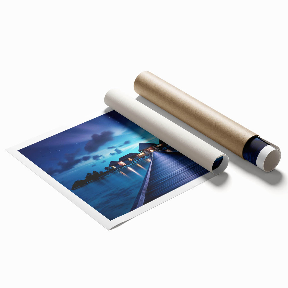 Extra large rolled print of a serene Maldives beach scene in pastel blues and greens, ideal for classy bathroom wall art.