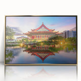 Mid-century modernist style large art print of a Taiwanese landscape in gold and green tones, framed acrylic.