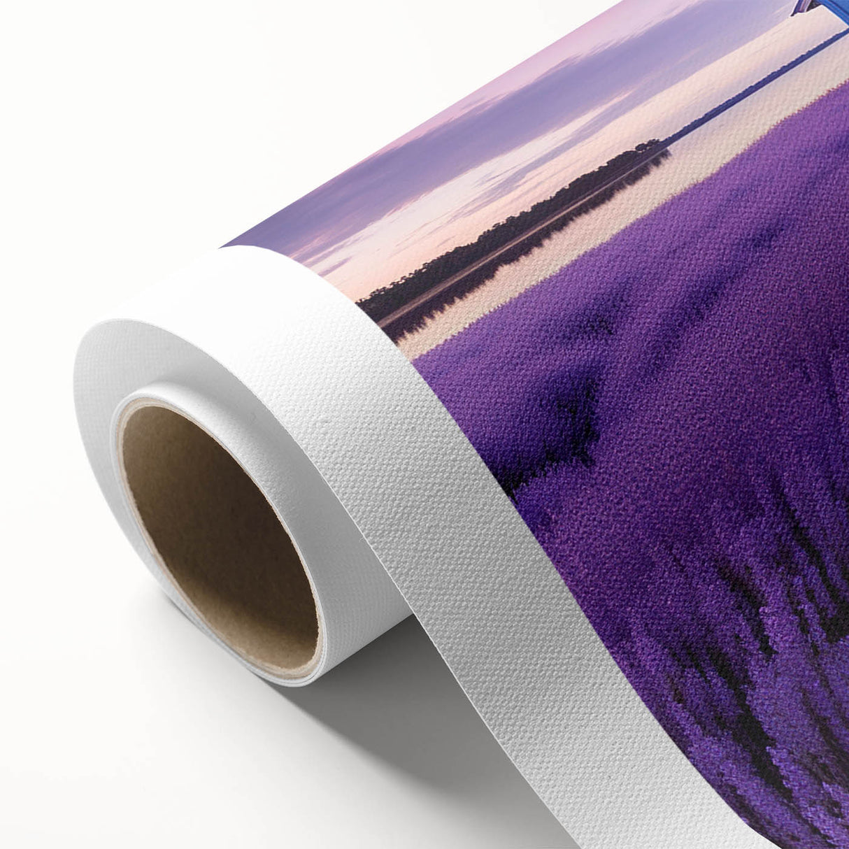 Art Deco style poster of Perth skyline on rolled canvas, featuring muted blue and pink tones, ideal for nursery wall art.