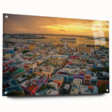 Large abstract wall art of a Caribbean scenery in vibrant blue and green tones on acrylic glass.