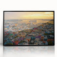 Large abstract wall art depicting a vibrant Caribbean scene on black-framed acrylic, ideal for dining room ambiance.