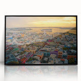 Large abstract wall art depicting a vibrant Caribbean scene on black-framed acrylic, ideal for dining room ambiance.