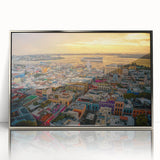 Large art print of a Caribbean scenery in Puerto Rico on silver-framed acrylic, featuring mid-century modernist style.
